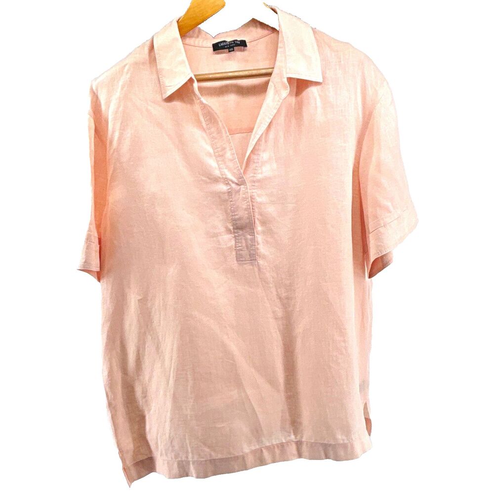 Lafayette 148 New York Womens Linen Woven Collared Pullover Blouse Pink XXL